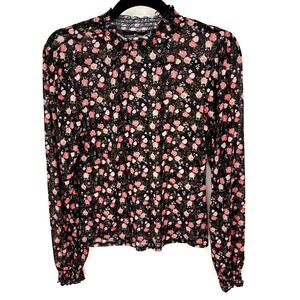 Almost Famous Black Floral Mesh Mock Neck Long Sleeve Top XL